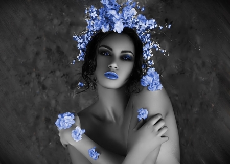 Blue - flowers, lips, blue, woman