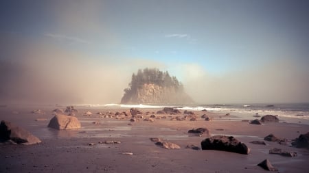 rocky island off shore in the mist - rocks, island, beach, trees, sea, mist