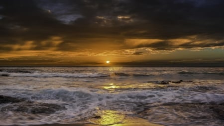 waves crashing on beach at sunrise - clouds, horizon, surf, beach, waves, sea, sunrise