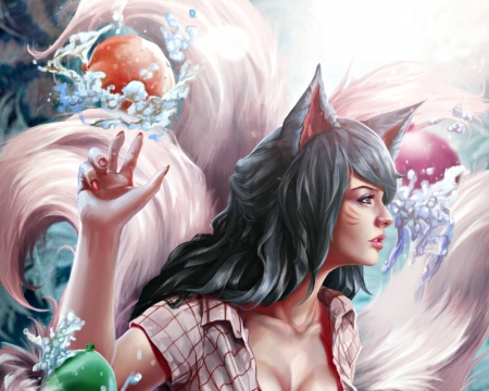 Ahri - nine, league of legends, blue, ears, fox, pink, art, luminos, tails, game, girl, beauty, ahri, frumusete, fantasy, hand, woman, chewiebaka