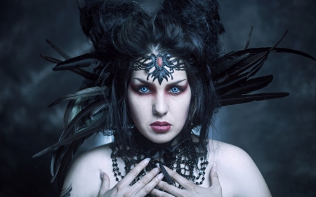 Maleficent - woman, girl, tale, black, model, maleficent, face, hand, feather