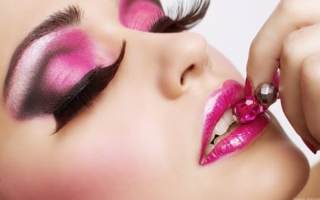 Beauty - face, make-up, pink, model, lips, hand, girl, woman