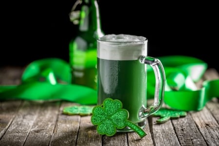 St. Patrick's Day - beer, Saint Patricks Day, shamrocks, bottle, Patricks Day, clovers, still life, green, mug, ribbon, glass