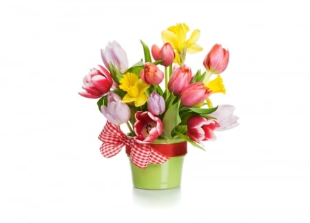 Happy spring! - red, flower, pink, spring, vase, yellow, white, card, bow, tulip, green