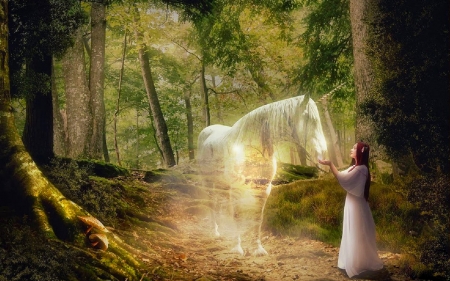 Girl and Unicorn - pretty, beautiful, girl, forest, horse, fantasy, digital, woman, unicorn, art