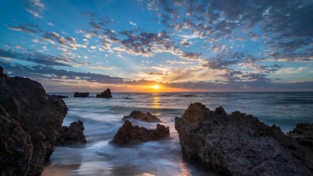 beautiful sunset on a rocky coast - clouds, sunset, beach, sea, rocks