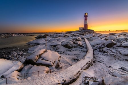 Lighthouse - clouds, sea view, winter, lighthouse, snow, sea, sunrise, sunset, nature, sky