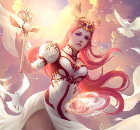 Beauty Queen - bird, female, crown, dress, long hair, red hair, red, fantasy woman, golden, art, sky, abstract, queen, beautiful, beauty, gold, fantasy, white, lady, woman