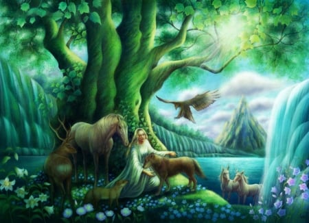 Tree of Life - woman, daffodils, spring, wolf, horses, eagle, river, artwork, flowers, tree