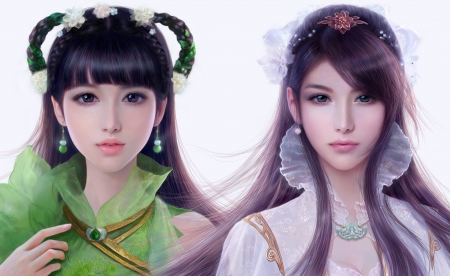 Beauties - beauty, pink, jewel, frumusete, fantasy, oriental, white, purple, green, ruoxing zhang, princess, art, asian, luminos