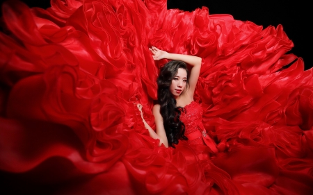 Beauty - peony, woman, red, model, dress, girl, flower, asian