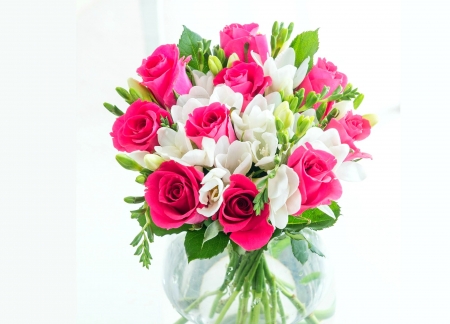 Happy Women's Day! - women, day, mother, bouquet, rose, vase, spring, white, freesia, pink, flower