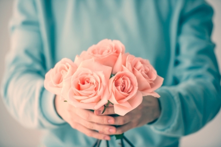 For you! - soft, hand, blue, pink, rose, flower