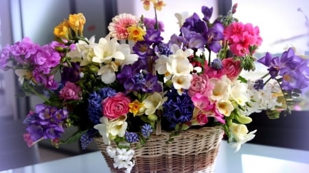 Spring flowers - white, pink, blue, bouquet, basket, fressia, flower, spring