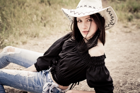 ~Cowgirl~ - brunette, hat, cowgirl, jeans