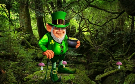 Leprechaun and His Pot of Gold - pot, hat, money, trees, Saint Patricks Day, shamrocks, Patricks Day, clovers, gold, forest, pot of gold, top hat, cane, coins, Leprechaun, mushrooms