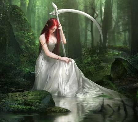 Lady of the Forest - female, dress, forest, long hair, red hair, fantasy woman, art, scythe, abstract, beautiful, beauty, reflex, river, fantasy, white, lady, green, woman, soft