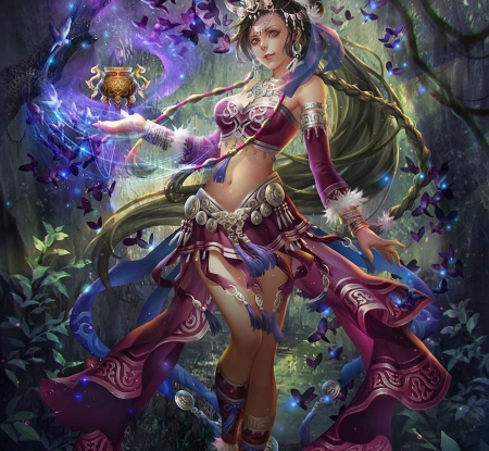 Magician of the Forest - magic, female, forest, long hair, purple, fantasy woman, abstract, trees, skirt, beautiful, blonde hair, beauty, magician, top, fantasy, lady, woman, cute