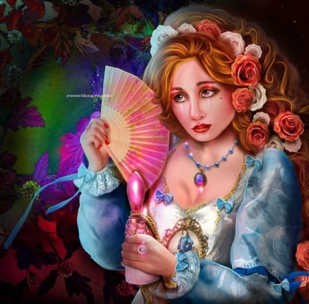 Labaronne - flowers, lady, fantasy, fan