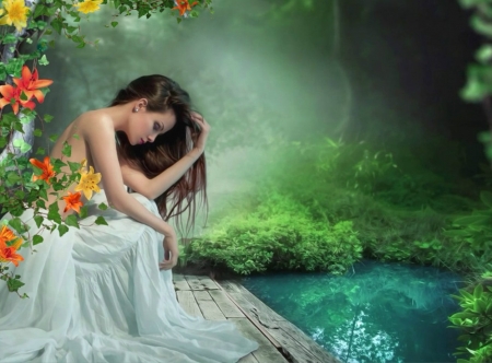 Where the lilies blossom - lilies, woman, nature, water