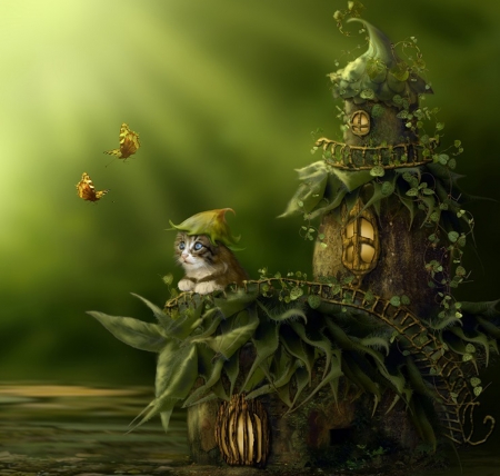 lovely cat - leavels, cat, green, lovely, fantasy