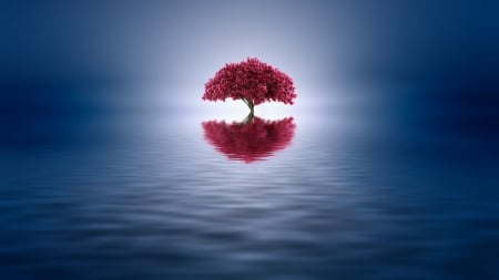 Pink Tree - tree, art, reflection, sea