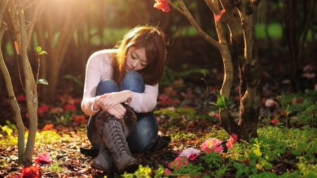 Waiting for You - woman, sitting, model, grass