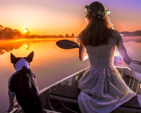 Woman and Dog in a Boat - woman, sunset, boat, dog