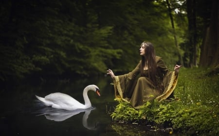 Beauty - swan, woman, beauty, river