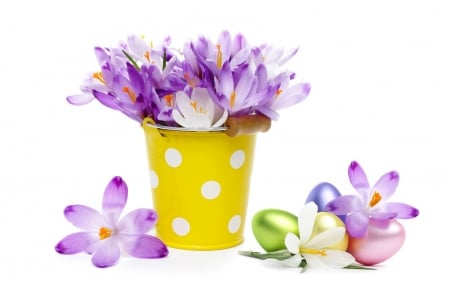 Happy Easter! - vase, yellow, spring, flower, pink, easter, white, purple, green, egg, card, crocus