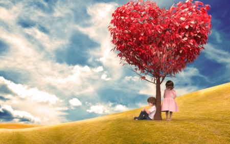 Tree of love - sky, couple, girl, heart, child, valentine, white, children, cloud, yellow, boy, red, blue, card, tree, cute