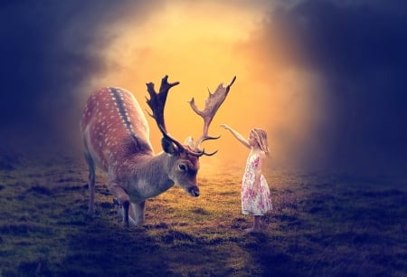 Pure heart - tale, girl, child, copil, creative, deer, fantasy, pure heart, horns