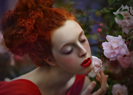 Kiss - girl, flower, pink, lips, redhead, red, woman, model, rose, agnieszka lorek