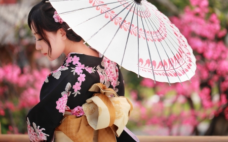 Geisha - woman, girl, japanese, black, asian, model, geisha, pink, umbrella, kimono, oriental