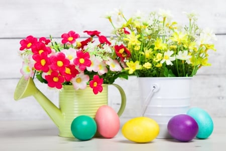 Happy Easter! - easter, spring, purple, yellow, pink, red, blue, card, egg, flower