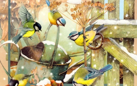 Playing Birds - calander, birds, puzzle, bucket