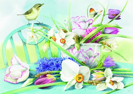 Spring - artwork, flowers, spring, birds, calander