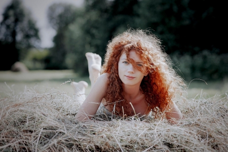 Cowgirl In A Hay Stack .... - girls, women, style, fun, models, female, hay, fashion, cowgirls, outdoors, western, ranch, red head