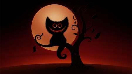 Cheshire Moon Cat - Halloween, night, cat, scary, Firefox Persona theme, smiling, full moon, Cheshire, kitty