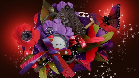 Time for Poppies - stars, ribbons, time, purple, vintage, red, paint brushes, flowers, poppies, watch, butterflies