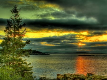 Sunset over the Lake - sky, lake, clouds, trees, stone, sunset, nature