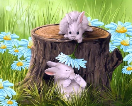 Hi..Springtime! - animals, easter, spring, rabbits, nature, love four seasons, green, paintings, flowers, colors, grass, daisies