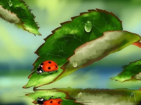 Green Leaves - paintings, ladybug, spring, colors, leaves, nature, green, leaf, love four seasons