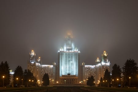 Fog at the city - fog, night, buliding, amazing