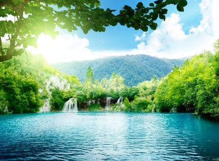 Plitvice Waterfalls, Croatia - sky, lake, hills, trees, sun, sunshine