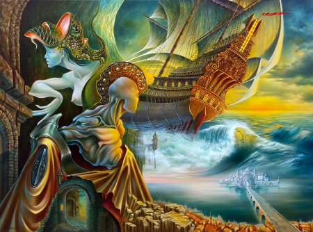 Fantasy Voyage - artwork, sea, city, sculptures, painting, sailship, waves, tunnel, bridge