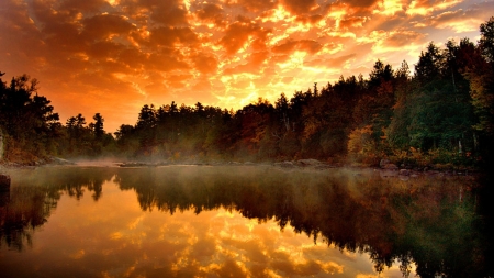 reflecting Lake - sky, lake, forest, reflection, clouds, trees, nature