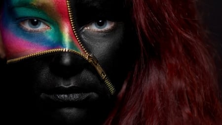 Colorful inside - girl, creative, black, colorful, fantasy, redhead, rainbow, woman, model, face