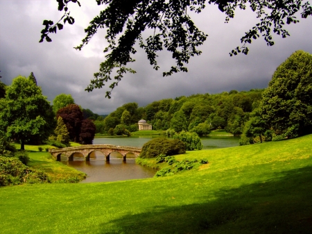 Landscape Garden in England - clouds, river, trees, gazebo, sky, bridge