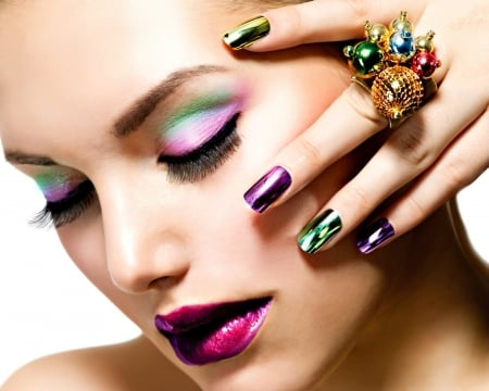 Beauty - woman, anna subbotina, beauty, lips, girl, jewel, model, face, pink, hand, green, nails